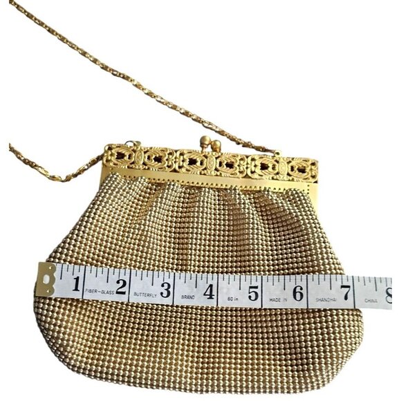 Gold Mesh Evening Clutch Purse With Decorative Frame & Chain Strap By Whiting & - Picture 5 of 5